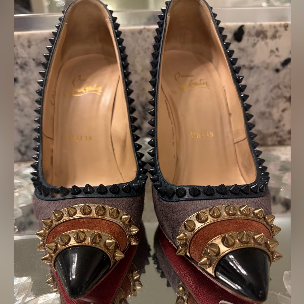 Christian Louboutin Gray, Black , Brown and Gold Spiked Heels